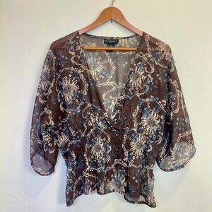 NYC design co. Y2K Fairy brown, blue and tan beaded sequin sheer blouse